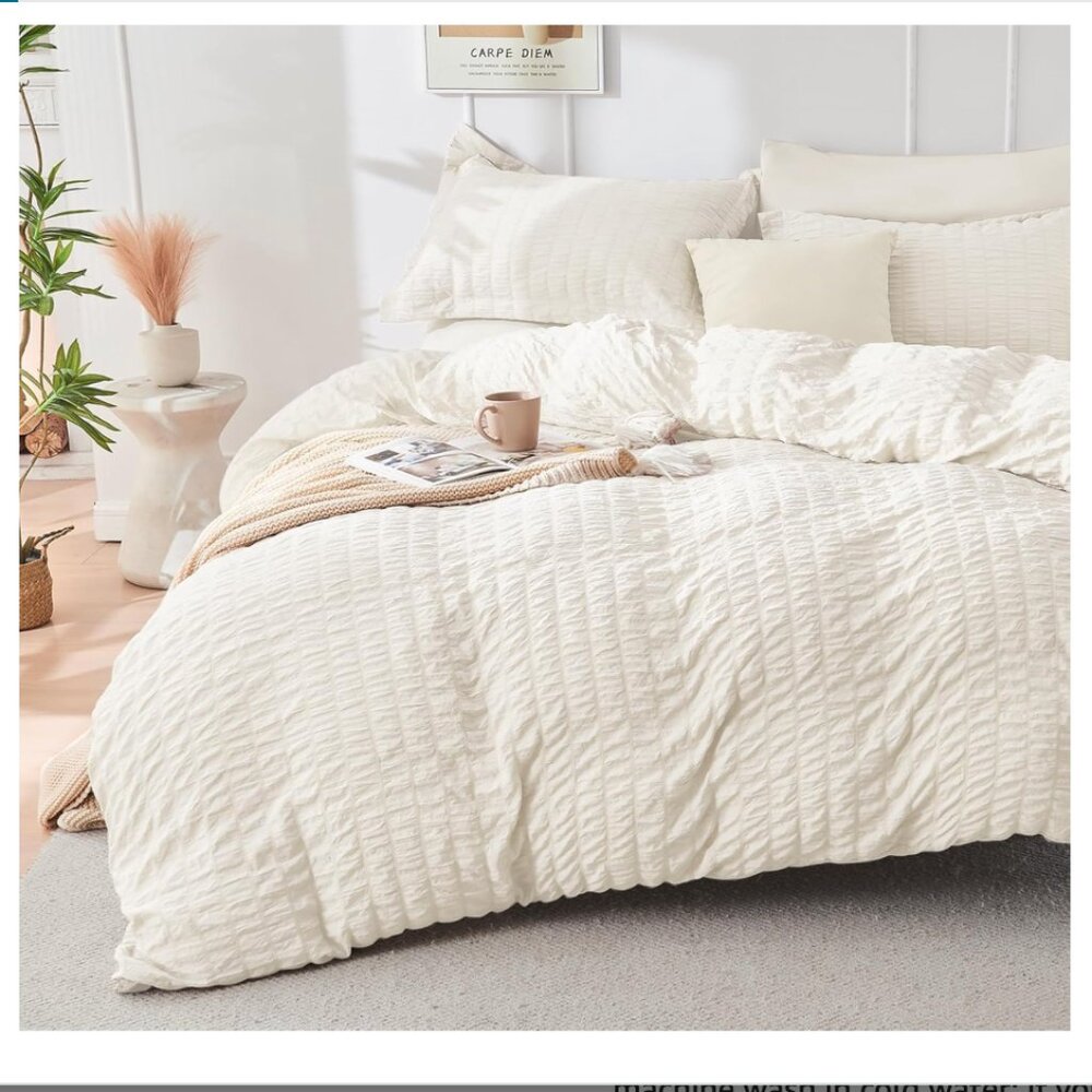 HYMOKEGE Ivory California King Seersucker Comforter Set, 7-Piece Bedding